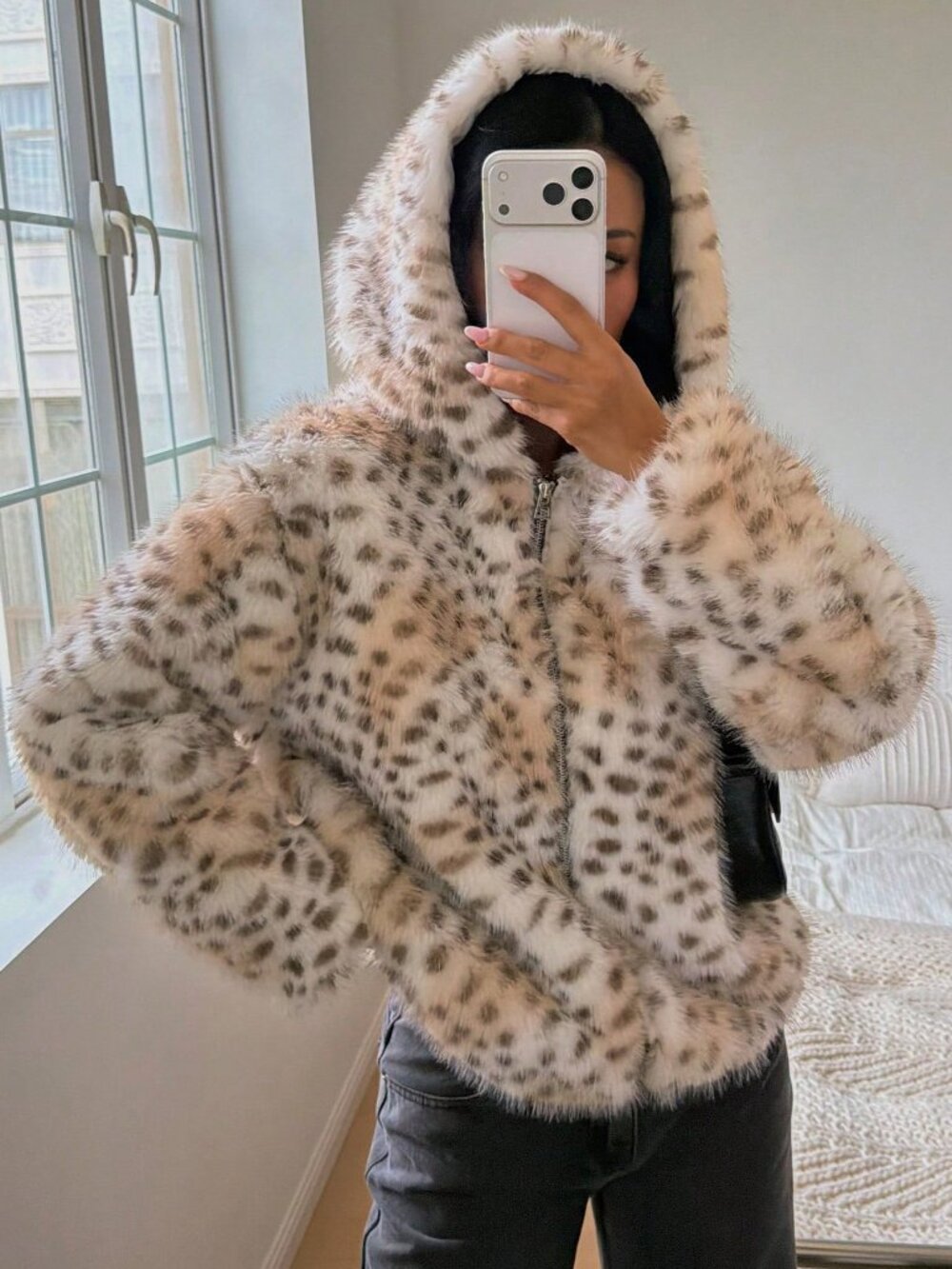 Pale Apricot Party Women's Leopard Print Faux Fur Hooded Short Jacket